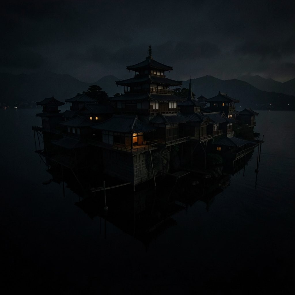 A moody, dark-toned illustration of a fantastical floating city with spires and layered architecture, evoking an alternate-history colonial atmosphere.