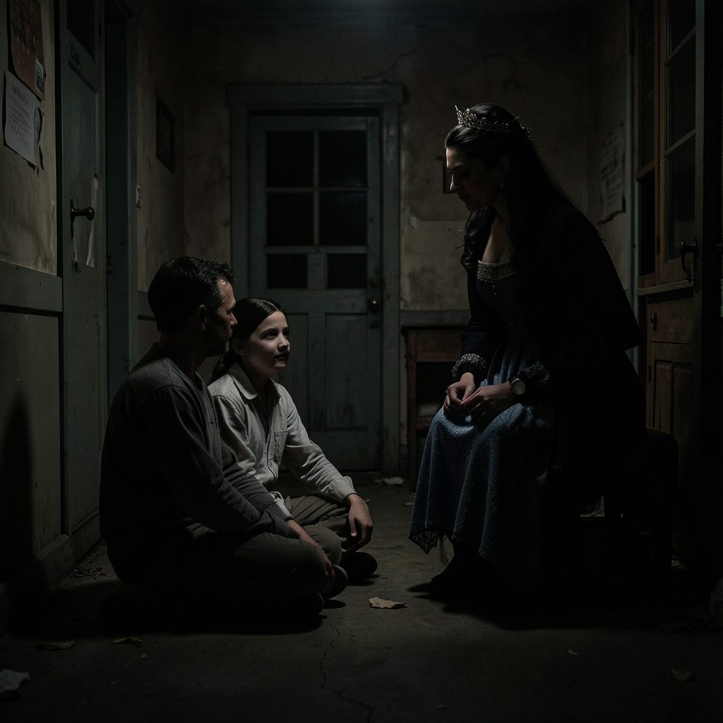 A dark, low-key photograph of two young sisters sitting close together on a worn wooden porch, deep shadows pooling around them, their faces lit by soft late-afternoon light.