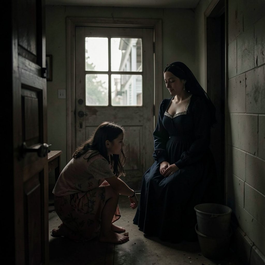 Two sisters in a modest room, one comforting the other, with warm amber light filtering through a window and deep shadows in the corners.