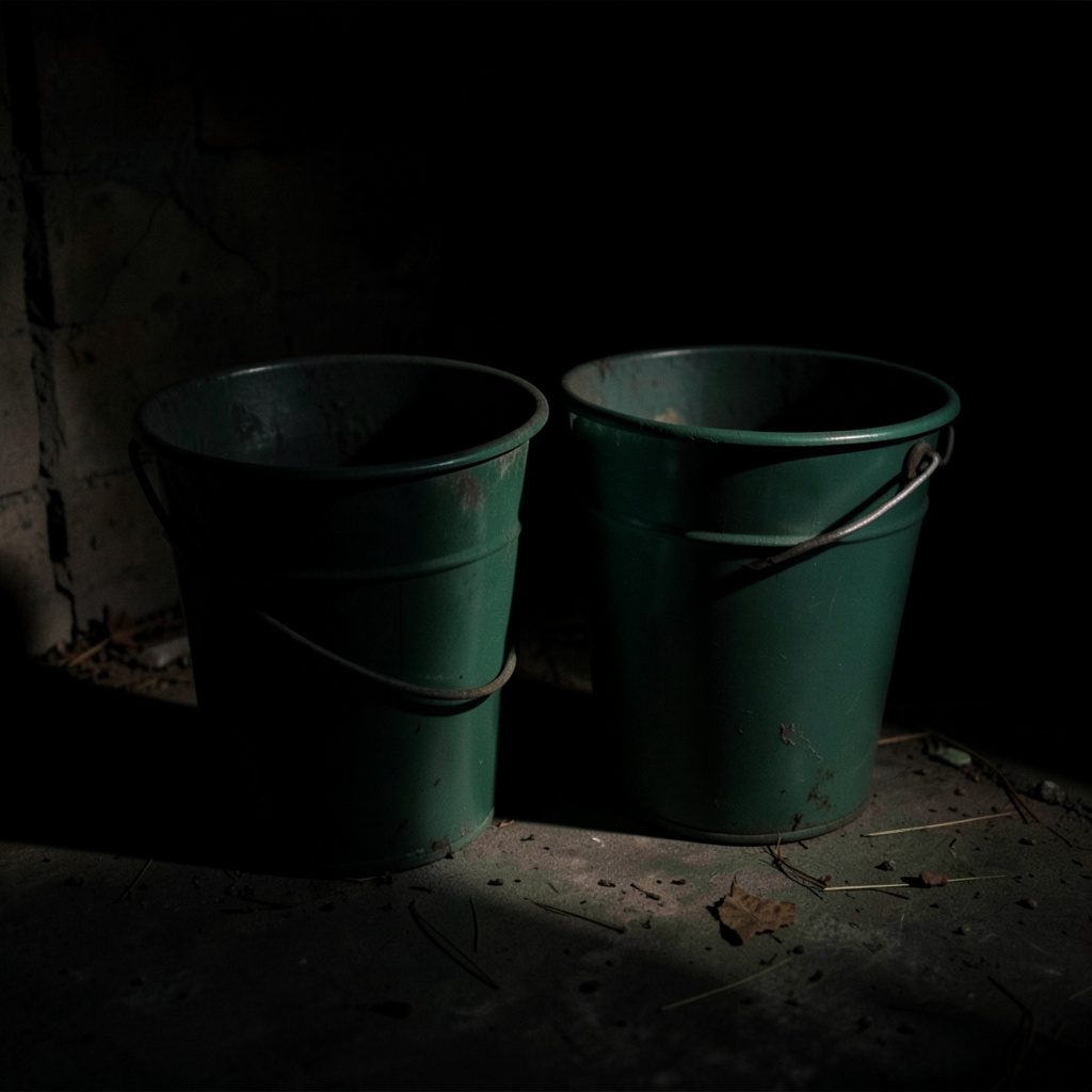 A row of traditional metal sap buckets hanging from maple trees in a snowy sugarbush, dark trunks receding into soft winter light.