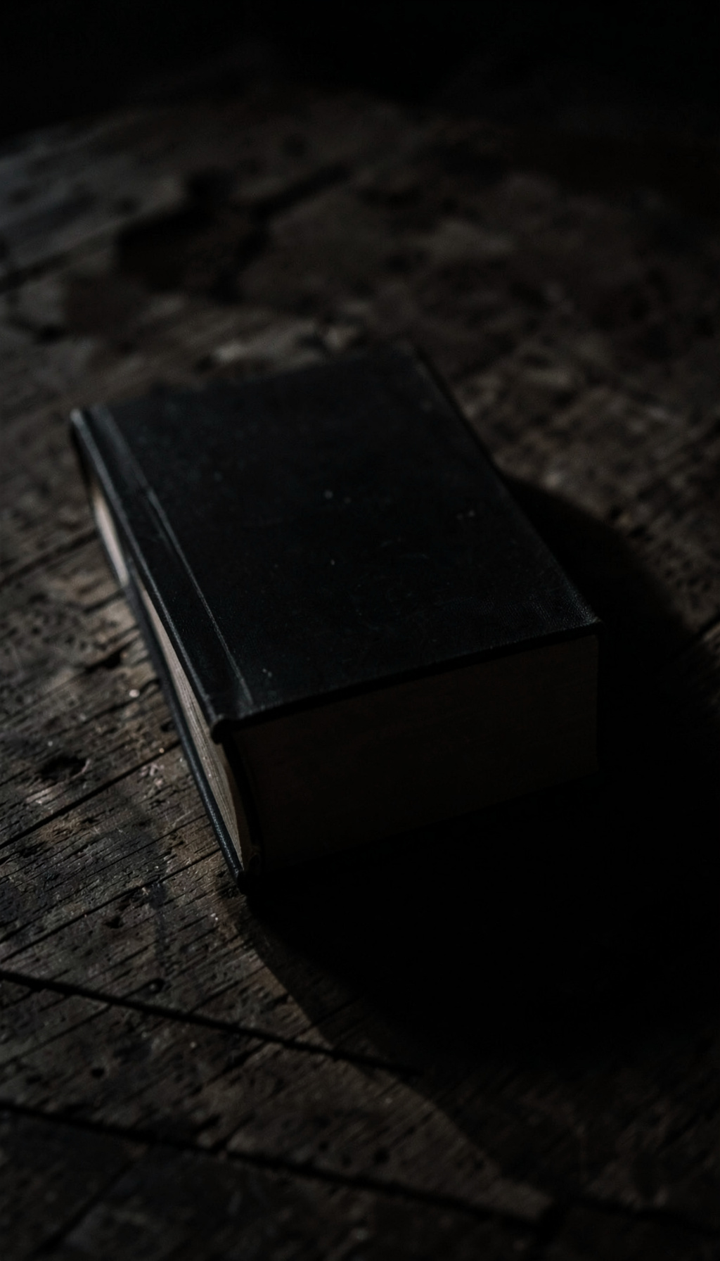 A dark, low-key photograph of a single hardcover book resting on a weathered wooden surface, its spine facing away, with deep shadows pooling around it and a faint glint of light catching the top edge of the pages.